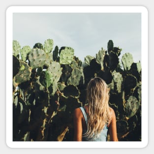 Young Blond Girl Standing in Front on Cacti Sticker